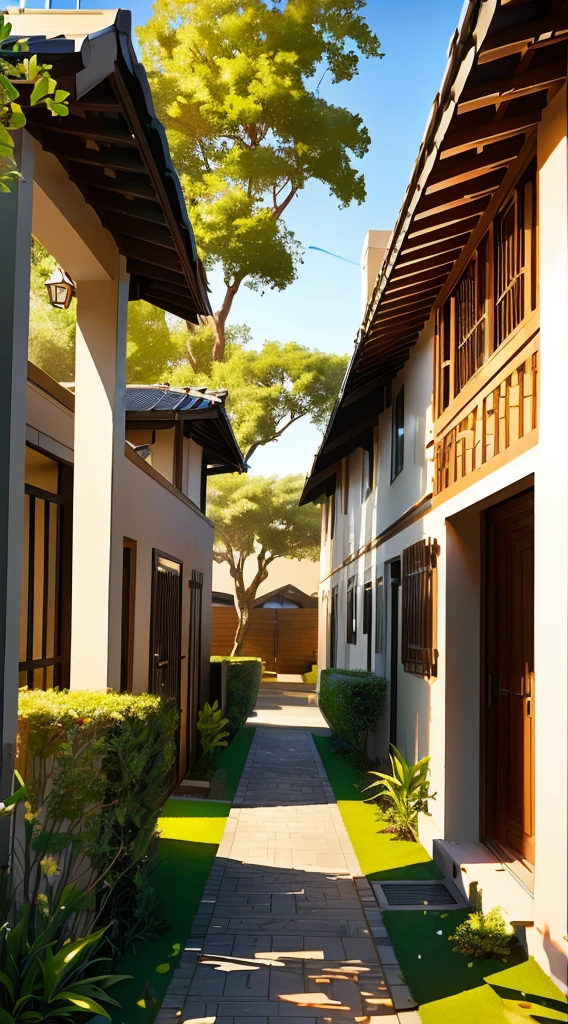 there is a pathway between two buildings with a tree in the background, residential area, rendered in lumion pro, residential, courtyard walkway, rendered in lumion, small houses, crisp clean shapes, clean and pristine design, with walkways, resort, crisp smooth clean lines, wooden houses, photo realistic style, arhitectural shot, architectural render, architectural visualization, night time, dark time of the day, night, nighttime