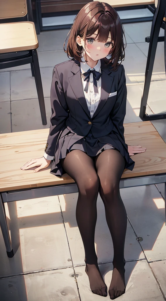 Top quality, masterpiece, High resolution, (Head to toe full body), front, frontやや下からの構図, Symmetric, Tall 18 year old girl, alone, (Head to toe), (Small breasts), Unkempt brown hair, bangs, (black tights), (Black Pantyhose), (Sit with your legs apart), (Crouching pose), (A composition showing white panties), (Her legs were spread、I see your white pants.), (I was made to sit on the floor with my legs spread..), (M-shaped legs), Thin legs, A very beautiful and tall 18 year old girl, (No shoes), blush, Shy big eyes, looking at the camera, Blazer Uniform, Checkered Pleated Skirt