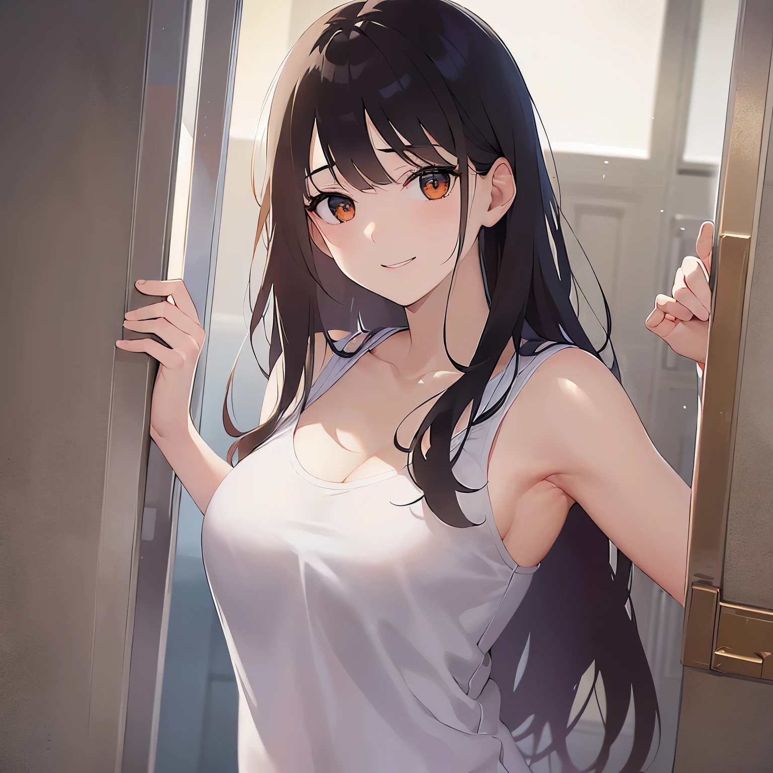 (looking to the side:1.5),leaning forward 、Shooting from the front、upper body,Realistic, real person, (pale skin: 1.2), RAW photo, photorealistic, shiny skin, shiny hair、 (A 25-year-old woman with medium-length hair and bangs) and (wavy hair) and (brown hair) and (Orange Eyes),smile、The background is the washroom,(yellow tank top)、opening the door