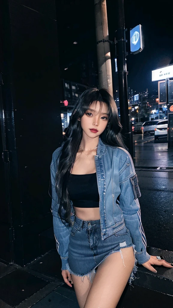City at night,A woman with a perfect figure wearing a blue denim bomber jacket,Black tube top,Blue denim miniskirt,Black high heels,Close-up shot of posing,Full body close-up,Highly detailed face and skin textures,beautiful legs,Long legs,Detailed eyes,Double eyelids,Full body close-up