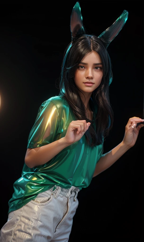 A young girl with black hair and a green shirt is crying. Her hands are clenched into fists, smooth 3d model, glossy plastic texture, multiple light sources, rim light, sharp post effects render, most beautiful vfx, , realistic, 4k, high resolution, rim light, smooth 3d model. , glossy texture, smooth 3d model, multiple light sources, rim light, sharp post effects render, (glossy plastic texture with multiple big light probe refractions), perfect cgi, reflective, best quality, 4k, masterpiece:1.2, ultra-detailed, realistic, vivid colors, The image of the highest quality, ensuring every detail showcased perfectly. It in 4k resolution, allowing viewers to immerse themselves in the richness of the colors and intricate details. The realistic rendering. under the spotlight, reflecting, high-resolution image, realistic rendering