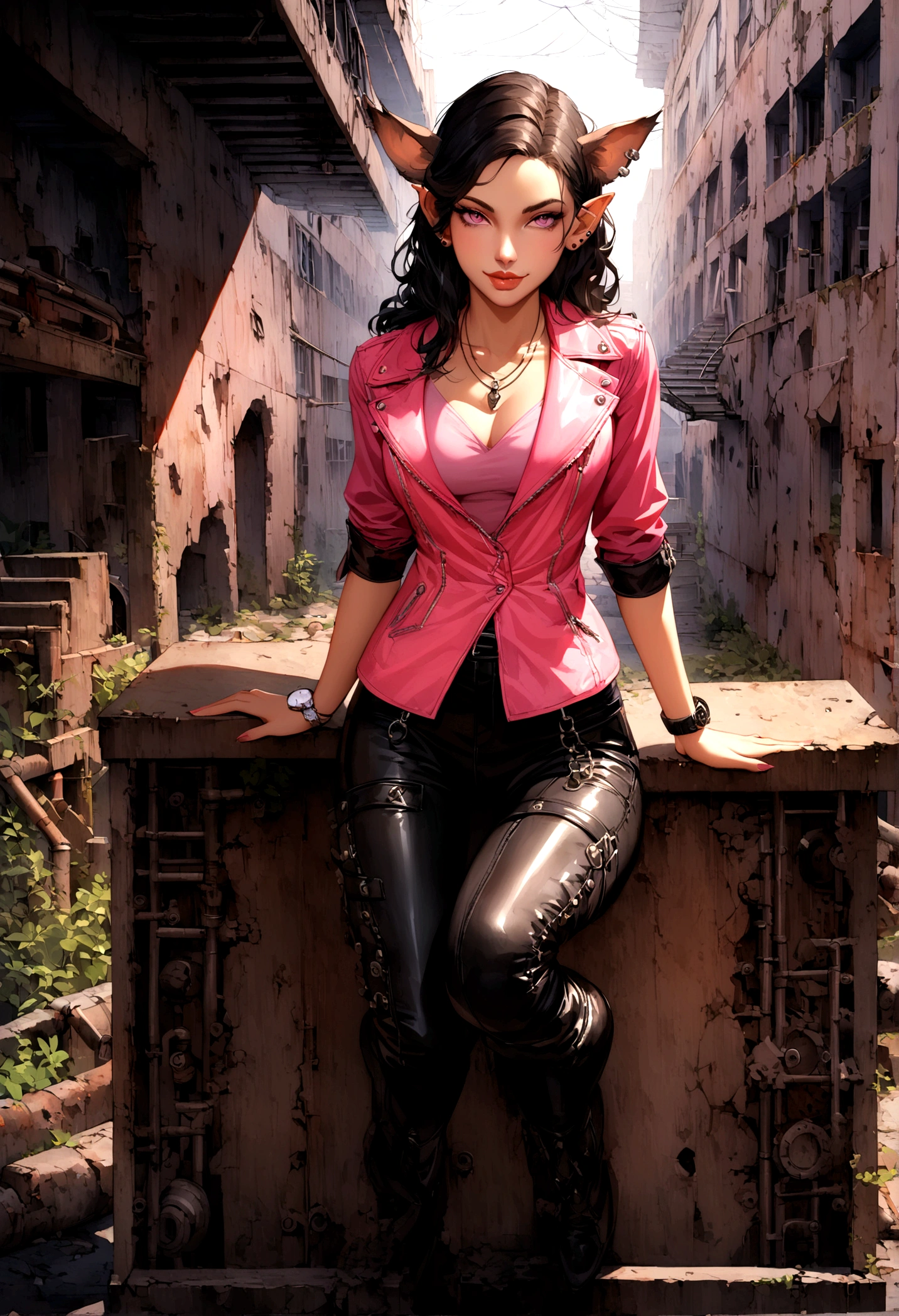 day scenario, badass photoshoot, beautiful gorgeous 21 years old Tamil girl smirking,an abandoned factory, intricate details of rusty gates, metal pillars rusty broken pipes rumble everywhere dim lights flickering lights patch walls broken metal staircase in the background, she is leaning stylishly on a table, wearing pink tee shirt leather jacket leather pants leather boots, ear studs pendant necklace coolers wrist watch, tiresome face, eyes symmetry, textured skin, (intricated meticulously detailed:1.6 faces & eyes & ears & nose & lips & body parts)