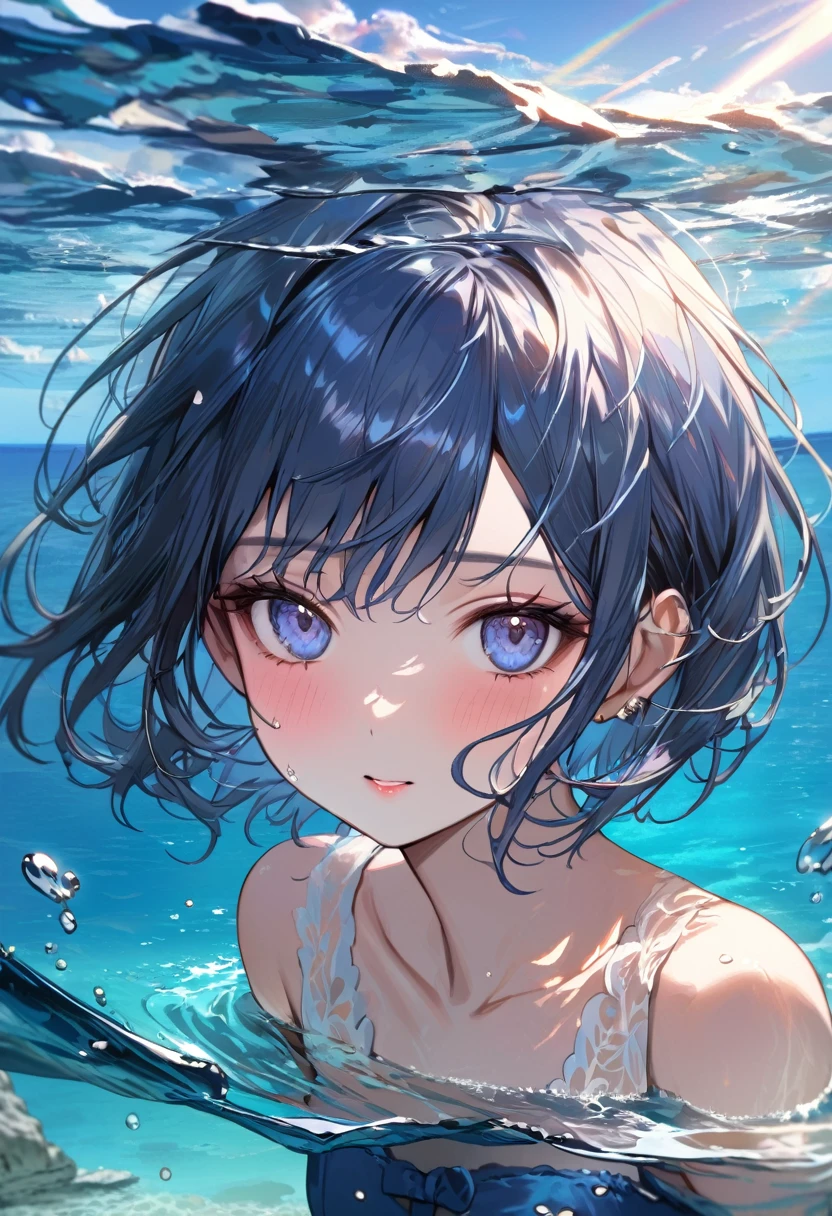 (Masterpiece, BestQuality), ((Portrait of girl floating in the crystal clear waters of Lampedusa)), Highly transparent sea,In the background is a beautiful landscape with a blue sky and sunlight shining on the sea,detailed beautiful scenery,water splash,BREAK (14yo,detailed face,(darkblue wavy-short hair),eyebrows,middle small breasts),