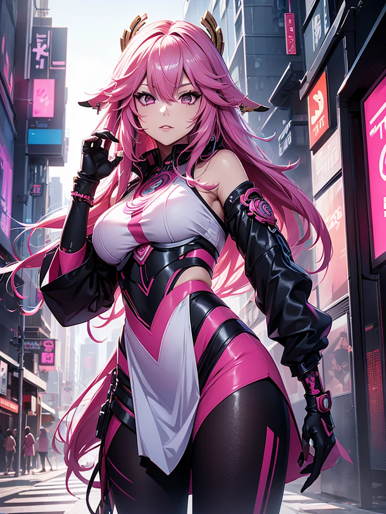 Yae miko, 1woman, wearing a futuristic cyberpunk outfit, at a future city, pink colour hair, 8k, high detailed, high quality