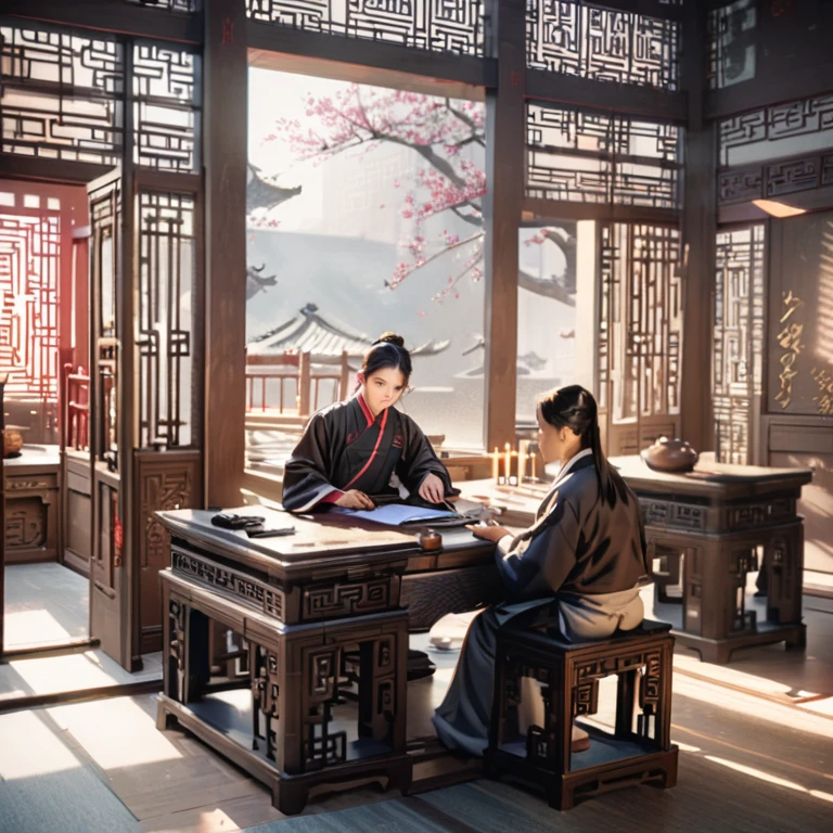 a detailed ancient chinese school classroom interior, male teacher teaching male students, traditional chinese architecture, sunlight streaming through windows, students wearing traditional clothing, detailed woodcarving and calligraphy on walls, ornate furniture, candles and oil lamps, highly detailed, vibrant colors, cinematic lighting, intricate details, masterpiece, photorealistic, extremely detailed