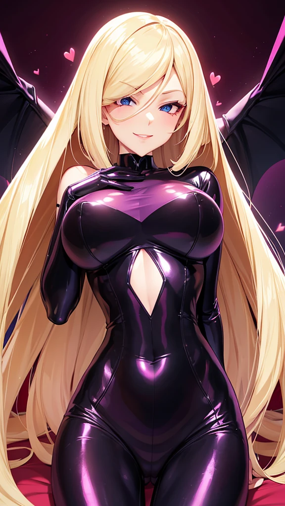 Erotic Lusamine, tall, busty, blonde, mature, married woman, female executive in shiny purple rubber suit, red, black background, heart, bedroom, dark theme, evil, temptation, excitement, condescending smile, sexy pose, upper body emphasis, lying on man, angle from below, bat wings, succubus
