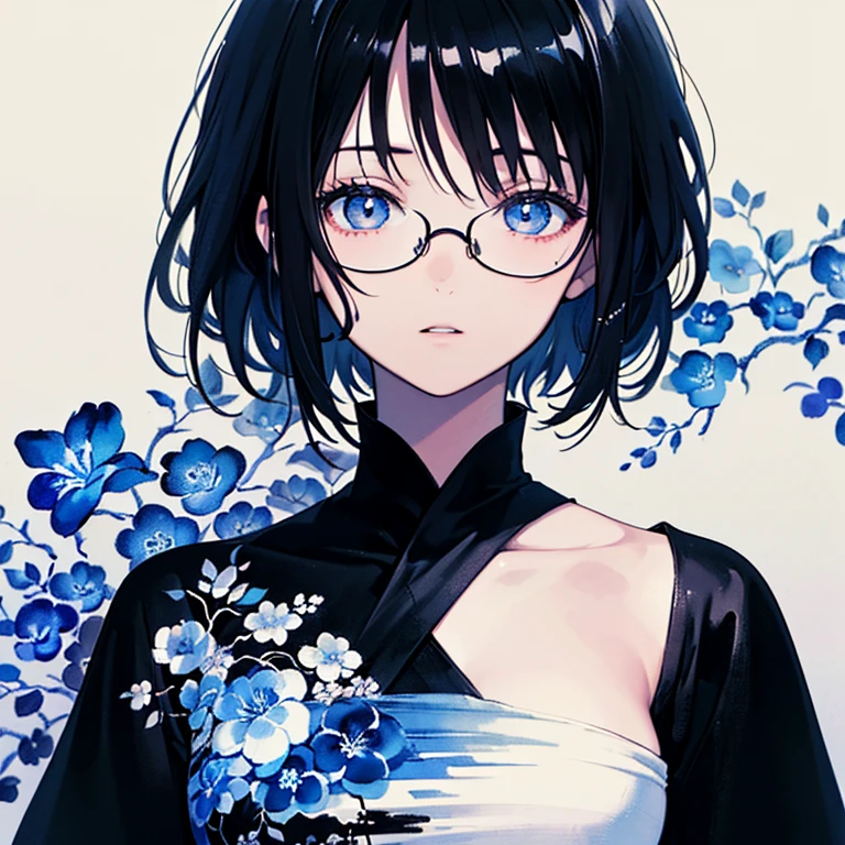 (masterpiece),(Highest quality:1.2),(8K Anime),1 Girl,Beautiful and delicate eyes,(Beautiful silky black hair:1.2), Dress with flowers,(Realistic),Detailed skin, Unfairly Beautiful,((Ink painting floral background)),Cinema Lighting,Body Shot,High Contrast,Glasses,short hair