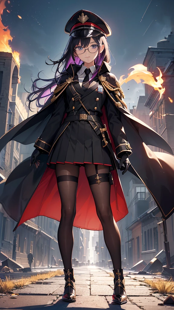realisitic, City Deserted, Pile of rubble, Brick building, a one woman (18 years old, far away blackw hair, far away slits, Eyes red, glare eyes, 精致的面容, standing (In floor, feet shoulder-width apart), Lolita style military uniform (blackw base, Red Insert, golden decoration, volantes, wide sleeves, dainty and delicate detailing armors), blackw far away gloves (blackw, Red Insert, golden decoration, small hands, armors), blackw far away gloves, knee high boots (blackw, high-heels, red soles), ha (blackw, aba dourada, shield emblem, delicate details), arms in front, Front of belly, Holding military swords with both hands (blackw, golden decoration, delicate detail, Handle at the top, Ground-facing blade, in front of the body, far away), night sky (blackw, stele, Increased flames and smoke) Pale painting style, One Girl, super high quality, Super Detail, Super Detailed image, long hair, looking at viewer, skirt, shirt, hair ornament, violet eyes, gloves, round glasses, long sleeves, hat, closed mouth, jacket, violet hair, braid, open clothes, necktie, black gloves, black skirt, uniform, single braid, open jacket, black jacket, black headwear, 手链, peaked cap, black necktie, cropped jacket, military hat, pantyhose, Flat Chest, smile, Black Cape