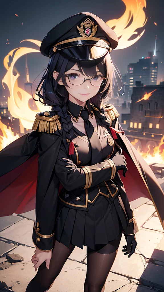 realisitic, City Deserted, Pile of rubble, Brick building, a one woman (18 years old, far away blackw hair, far away slits, Eyes red, glare eyes, 精致的面容, standing (In floor, feet shoulder-width apart), Lolita style military uniform (blackw base, Red Insert, golden decoration, volantes, wide sleeves, dainty and delicate detailing armors), blackw far away gloves (blackw, Red Insert, golden decoration, small hands, armors), blackw far away gloves, knee high boots (blackw, high-heels, red soles), ha (blackw, aba dourada, shield emblem, delicate details), arms in front, Front of belly, Holding military swords with both hands (blackw, golden decoration, delicate detail, Handle at the top, Ground-facing blade, in front of the body, far away), night sky (blackw, stele, Increased flames and smoke) Pale painting style, One Girl, super high quality, Super Detail, Super Detailed image, long hair, looking at viewer, skirt, shirt, hair ornament, violet eyes, gloves, round glasses, long sleeves, hat, closed mouth, jacket, violet hair, braid, open clothes, necktie, black gloves, black skirt, uniform, single braid, open jacket, black jacket, black headwear, 手链, peaked cap, black necktie, cropped jacket, military hat, pantyhose, Flat Chest, smile, Black Cape
