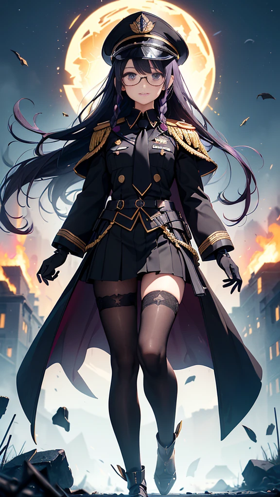 realisitic, City Deserted, Pile of rubble, Brick building, a one woman (18 years old, far away blackw hair, far away slits, Eyes red, glare eyes, 精致的面容, standing (In floor, feet shoulder-width apart), Lolita style military uniform (blackw base, Red Insert, golden decoration, volantes, wide sleeves, dainty and delicate detailing armors), blackw far away gloves (blackw, Red Insert, golden decoration, small hands, armors), blackw far away gloves, knee high boots (blackw, high-heels, red soles), ha (blackw, aba dourada, shield emblem, delicate details), arms in front, Front of belly, Holding military swords with both hands (blackw, golden decoration, delicate detail, Handle at the top, Ground-facing blade, in front of the body, far away), night sky (blackw, stele, Increased flames and smoke) Pale painting style, One Girl, super high quality, Super Detail, Super Detailed image, long hair, looking at viewer, skirt, shirt, hair ornament, violet eyes, gloves, round glasses, long sleeves, hat, closed mouth, jacket, violet hair, braid, open clothes, necktie, black gloves, black skirt, uniform, single braid, open jacket, black jacket, black headwear, 手链, peaked cap, black necktie, cropped jacket, military hat, pantyhose, Flat Chest, smile, Black Cape