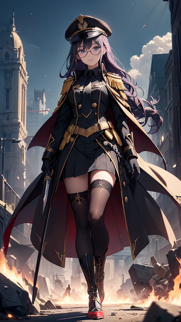 realisitic, City Deserted, Pile of rubble, Brick building, a one woman (18 years old, far away blackw hair, far away slits, Eyes red, glare eyes, 精致的面容, standing (In floor, feet shoulder-width apart), Lolita style military uniform (blackw base, Red Insert, golden decoration, volantes, wide sleeves, dainty and delicate detailing armors), blackw far away gloves (blackw, Red Insert, golden decoration, small hands, armors), blackw far away gloves, knee high boots (blackw, high-heels, red soles), ha (blackw, aba dourada, shield emblem, delicate details), arms in front, Front of belly, Holding military swords with both hands (blackw, golden decoration, delicate detail, Handle at the top, Ground-facing blade, in front of the body, far away), night sky (blackw, stele, Increased flames and smoke) Pale painting style, One Girl, super high quality, Super Detail, Super Detailed image, long hair, looking at viewer, skirt, shirt, hair ornament, violet eyes, gloves, round glasses, long sleeves, hat, closed mouth, jacket, violet hair, braid, open clothes, necktie, black gloves, black skirt, uniform, single braid, open jacket, black jacket, black headwear, 手链, peaked cap, black necktie, cropped jacket, military hat, pantyhose, Flat Chest, smile, Black Cape