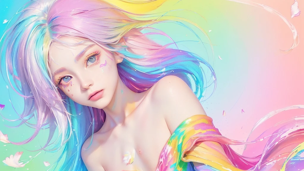(Pink Fashion T-shirt:1.9),(Colorful hair: 1.8), (all the colours of the rainbow: 1.8),(((((vertical painting:1.6))), (painting:1.6),front, comics, illustrations, paintings, large eyes, crystal clear eyes,( rainbow color gradient high ponytail:1.7), exquisite makeup, closed mouth,(Small Fresh: 1.5),(Wipe Chest: 1.6) ,long eyelashes, white off shoulder T-shirt, White Shoulder Shirt,looking at the audience, large watery eyes, (rainbow colored hair:1.6), color splash, (solo:1.8), color splash, color explosion, thick paint style, messy lines, ((shining)),(colorful), (colorful), (colorful), colorful, Thick Paint Style, (Splash) (Color Splash), Vertical Painting, Upper Body, Paint Splash, Acrylic Pigment, Gradient, Paint, Highest Image Quality, Highest Quality, Masterpiece, Solo, Depth of Field, Face Paint, colorful clothes, (Elegant: 1.2), gorgeous,long hair, wind, (Elegant: 1.3), (Petals: 1.4),(((masterpiece))),(((best quality))),((ultra-detailed)),(illustration),(dynamic angle),((floating)),(paint),((disheveled hair)),(solo),(1girl) , (((detailed anima face))),((beautiful detailed face)),collar,bare shoulders,white hair, ((colorful hair)),((streaked hair)),beautiful detailed eyes,(Gradient color eyes),(((colorful eyes))),(((colorful background))),(((high saturation))),(((surrounded by colorful splashes))),all bodies, same colored back grounds, Make the background bigger than the face, Mainly in the background, the face is small