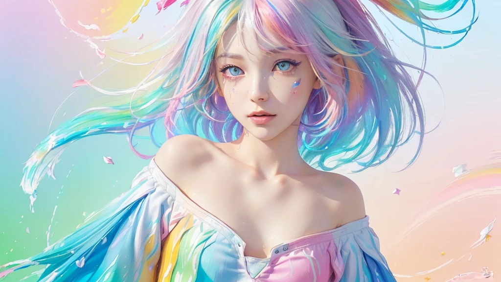 （Pink Fashion T-shirt：1.9），(Colorful hair: 1.8), (all the colours of the rainbow: 1.8),(((((vertical painting：1.6))), （painting：1.6），front, comics, illustrations, paintings, large eyes, crystal clear eyes,（ rainbow color gradient high ponytail：1.7）, exquisite makeup, closed mouth,(Small Fresh: 1.5),(Wipe Chest: 1.6) ，long eyelashes, white off shoulder T-shirt,  White Shoulder Shirt，looking at the audience, large watery eyes, (rainbow colored hair：1.6), color splash, （solo：1.8）, color splash, color explosion, thick paint style, messy lines, ((shining))，(colorful), (colorful), (colorful), colorful, Thick Paint Style, (Splash) (Color Splash), Vertical Painting, Upper Body, Paint Splash, Acrylic Pigment, Gradient, Paint, Highest Image Quality, Highest Quality, Masterpiece, Solo, Depth of Field, Face Paint,  colorful clothes, (Elegant: 1.2), gorgeous,long hair, wind, (Elegant: 1.3), (Petals: 1.4)，(((masterpiece))),(((best quality))),((ultra-detailed)),(illustration),(dynamic angle),((floating)),(paint),((disheveled hair)),(solo),(1girl) , (((detailed anima face))),((beautiful detailed face)),collar,bare shoulders,white hair, ((colorful hair)),((streaked hair)),beautiful detailed eyes,(Gradient color eyes),(((colorful eyes))),(((colorful background))),(((high saturation))),(((surrounded by colorful splashes))),all bodies, same colored back  grounds, Make the background bigger than the face, Mainly in the background, the face is small