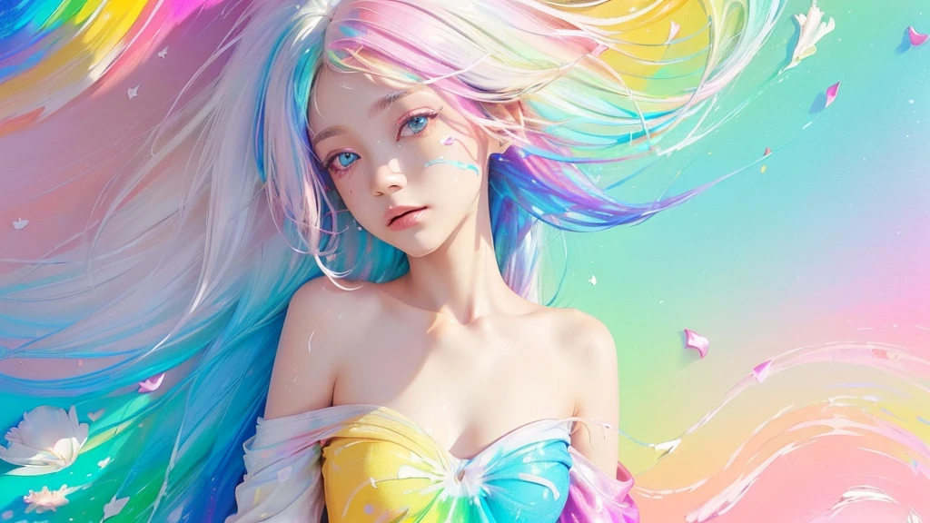 （Pink Fashion T-shirt：1.9），(Colorful hair: 1.8), (all the colours of the rainbow: 1.8),(((((vertical painting：1.6))), （painting：1.6），front, comics, illustrations, paintings, large eyes, crystal clear eyes,（ rainbow color gradient high ponytail：1.7）, exquisite makeup, closed mouth,(Small Fresh: 1.5),(Wipe Chest: 1.6) ，long eyelashes, white off shoulder T-shirt,  White Shoulder Shirt，looking at the audience, large watery eyes, (rainbow colored hair：1.6), color splash, （solo：1.8）, color splash, color explosion, thick paint style, messy lines, ((shining))，(colorful), (colorful), (colorful), colorful, Thick Paint Style, (Splash) (Color Splash), Vertical Painting, Upper Body, Paint Splash, Acrylic Pigment, Gradient, Paint, Highest Image Quality, Highest Quality, Masterpiece, Solo, Depth of Field, Face Paint,  colorful clothes, (Elegant: 1.2), gorgeous,long hair, wind, (Elegant: 1.3), (Petals: 1.4)，(((masterpiece))),(((best quality))),((ultra-detailed)),(illustration),(dynamic angle),((floating)),(paint),((disheveled hair)),(solo),(1girl) , (((detailed anima face))),((beautiful detailed face)),collar,bare shoulders,white hair, ((colorful hair)),((streaked hair)),beautiful detailed eyes,(Gradient color eyes),(((colorful eyes))),(((colorful background))),(((high saturation))),(((surrounded by colorful splashes))),all bodies, same colored back  grounds, Make the background bigger than the face, Mainly in the background, the face is small