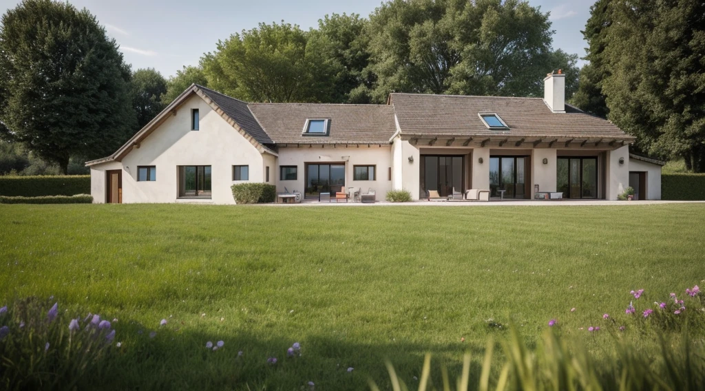 A picture of a house, avec des pieds humains flottant au dessus de l'herbe
