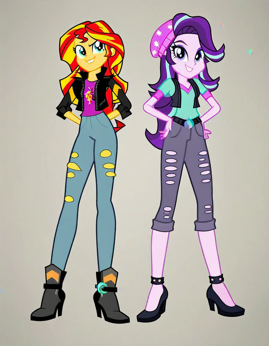 score_9, score_8_up, score_7_up, score_6_up, cartoon, human, equestria girls, sunset shimmer, starlight glimmer, miniskirt, duo female, vector, show accurative, light colors, cartoon, Sunset and Starlight are wearing miniskirt, high heels and zippered jackets. They are also wearing lipstick and painted eyelids. Sunset and Starlight are smiling, looking at you, evil grin, evil smile