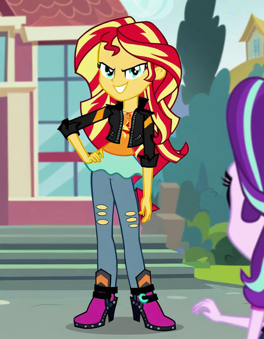 score_9, score_8_up, score_7_up, score_6_up, cartoon, human, equestria girls, sunset shimmer, starlight glimmer, miniskirt, duo female, vector, show accurative, light colors, cartoon, Sunset and Starlight are wearing miniskirt, high heels and zippered jackets. They are also wearing lipstick and painted eyelids. Sunset and Starlight are smiling, looking at you, evil grin, evil smile