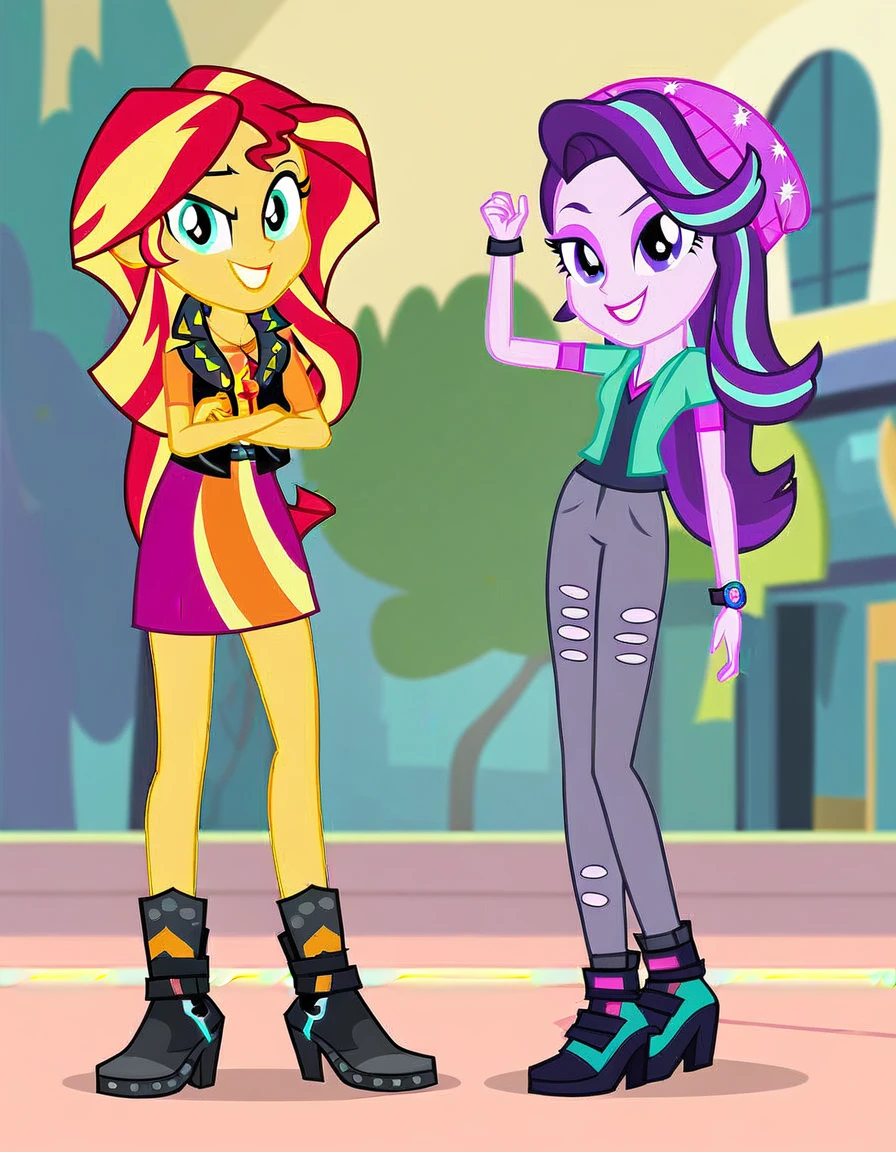 score_9, score_8_up, score_7_up, score_6_up, cartoon, human, equestria girls, sunset shimmer, starlight glimmer, miniskirt, duo female, vector, show accurative, light colors, cartoon, Sunset and Starlight are wearing miniskirt, high heels and zippered jackets. They are also wearing lipstick and painted eyelids. Sunset and Starlight are smiling, looking at you, evil grin, evil smile