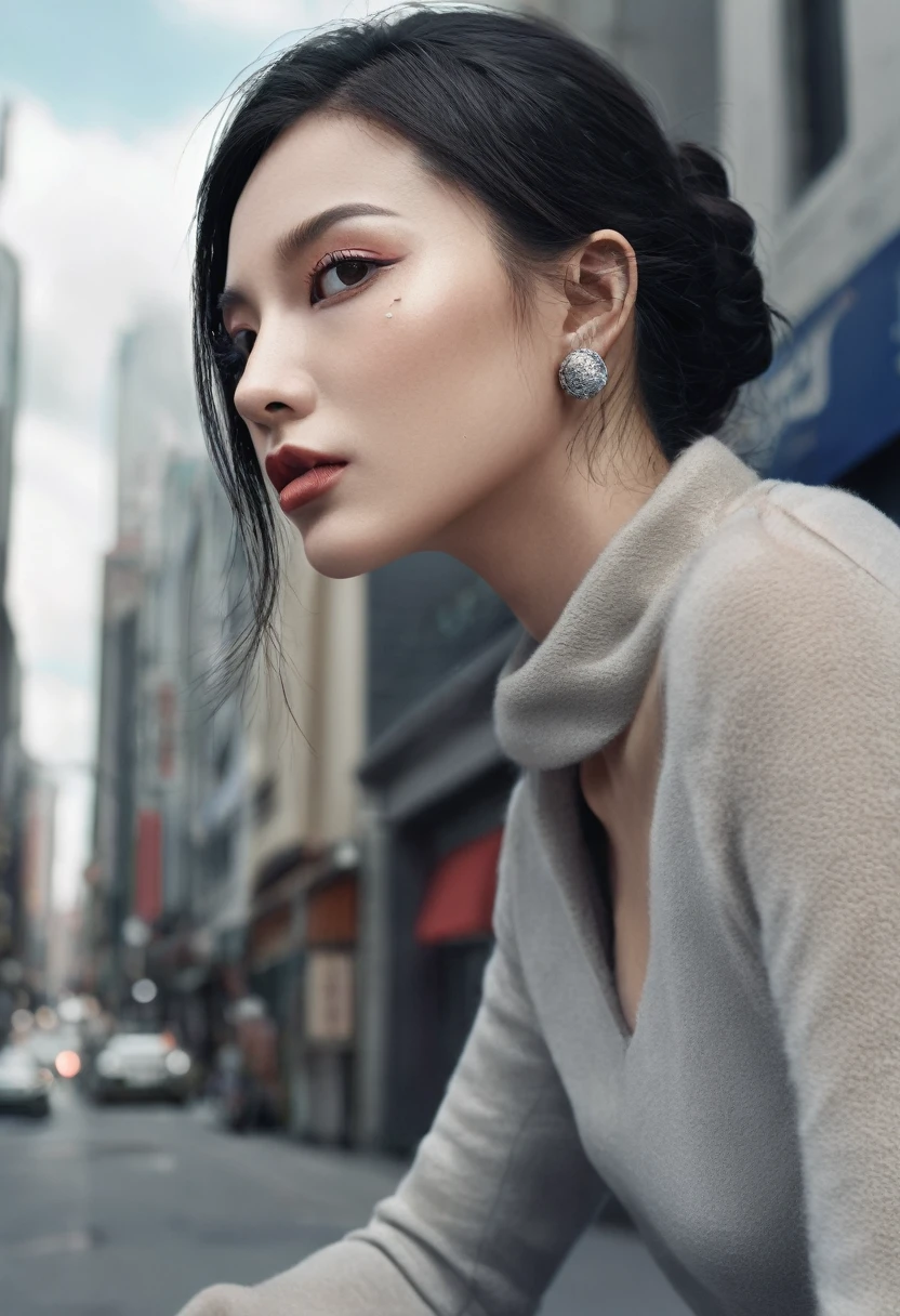 Generate a hyper-realistic, full-body shot of a sexy half-human, half-demon woman in a criminal city of the future. She has niobium Manganite elements in her design, giving her an otherworldly appearance. The scene is cinematic with soft colors and a Technicolor palette, highlighting her natural skin textures. The image should be hyper-realistic and hyper-detailed, with extremely intricate details, especially on her humid leather-like skin. The style is epic realistic with a high contrast, capturing a deep night landscape with a high dynamic range (HDR). The woman's eyes should be extremely detailed, with a high level of realism. Render in 8K resolution with RAW quality, using a Nikon Z9 for maximum detail and clarity.