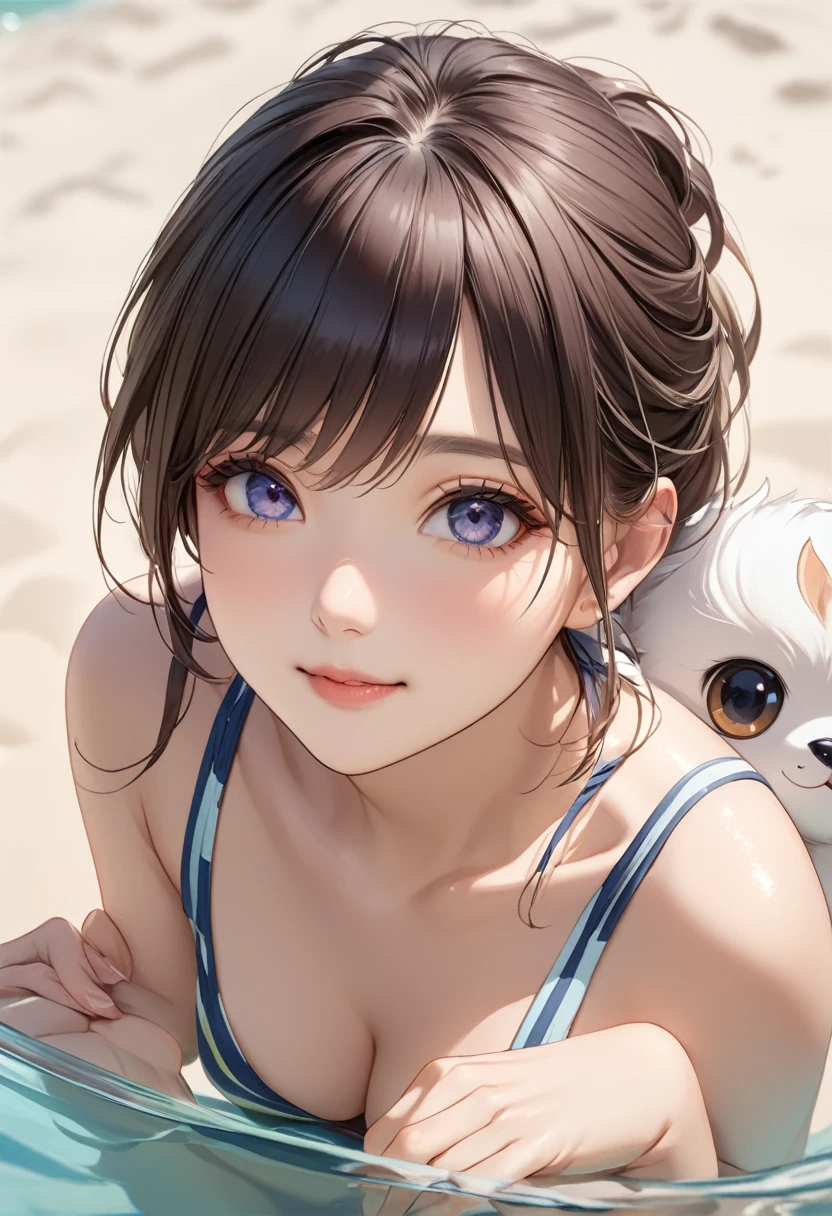 (((high resolution)))、(((masterpiece)))、Japanese beautiful girl、40 years old, detailed face, detailed eyes, perfect face、cute face, (((simple swimsuit))), all body, a little chuby
