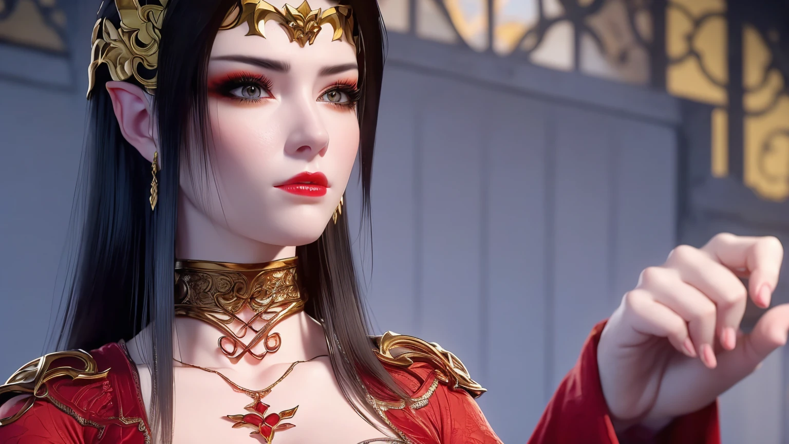 1 very beautiful queen medusha in hanfu dress, thin red silk shirt with many yellow motifs, black lace top, long hair dyed black, beautiful hair jewelry, pretty face pretty and cute, perfect face, earring jewelry, head and hair jewelry, antique jewelry, big red eyes, sharp eye makeup, meticulous makeup eyelashes, thin eyebrows, nose tall, pretty red lips, no smile, ((closed mouth:0.6)), pursed lips, rosy cheeks, breast augmentation, wide breasts, big breasts, well-proportioned breasts, slim waist, red mesh stockings with black lace, Chinese hanfu style, fictional art patterns, colors vivid and realistic, RAW photos, realistic photos, ultra-high quality 8k surreal photos, cool photos, (virtual lighting effects: 1.8), 10x pixels, magic effects (background): 1.8), super detailed eyes, beautiful girl body portrait, girl alone, ancient hanfu background, looking directly at the audience, wide original photo, 8k quality, super sharp, detailed and clear picture best, detailed light background,1 girl.