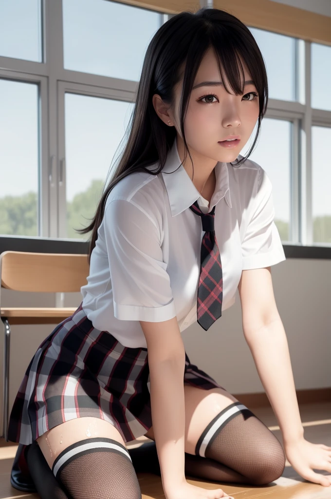 (masterpiece, best quality:1.2), a hyperrealistic , solo, 1girl, yukinoshita yukino, (shiny skin, wet skin:1.2), sweating, slight smile, looking at viewer, on all fours, , white shirt, plaid skirt, thighhighs, afternoon, classroom hyperrealistic