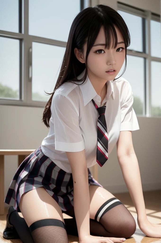 (masterpiece, best quality:1.2), a hyperrealistic , solo, 1girl, yukinoshita yukino, (shiny skin, wet skin:1.2), sweating, slight smile, looking at viewer, on all fours, , white shirt, plaid skirt, thighhighs, afternoon, classroom hyperrealistic 