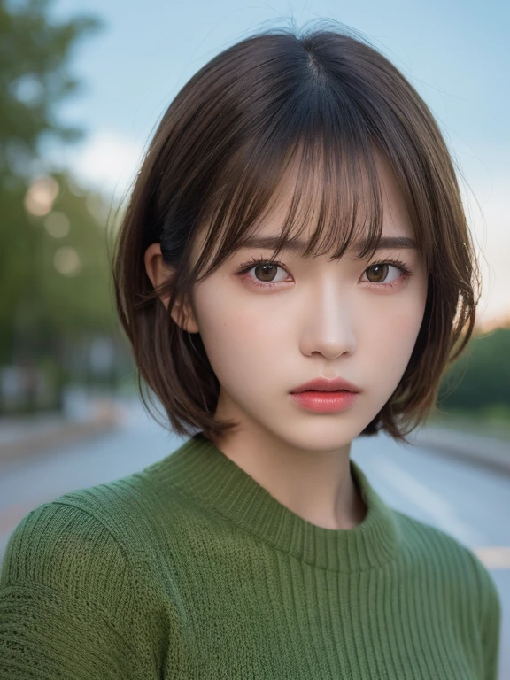 (masterpiece:1.3), (8K, Photorealistic, RAW Photos, Best image quality: 1.4), 20-year-old girl、(Random hairstyle:1.2)、Super detailed face、Eye on the details、double eyelid、Sharp focus:1.2、Beautiful woman:1.4、Light brown hair、Highest quality、masterpiece、Ultra-high resolution、(Photorealistic:1.4)、Highly detailed and professional lighting、Lightweight green knitwear、thin、Serious expression、Short Hair、Deadly position、Clear Skin、Random Pause、Shiny Hair、Sculpture model pose、