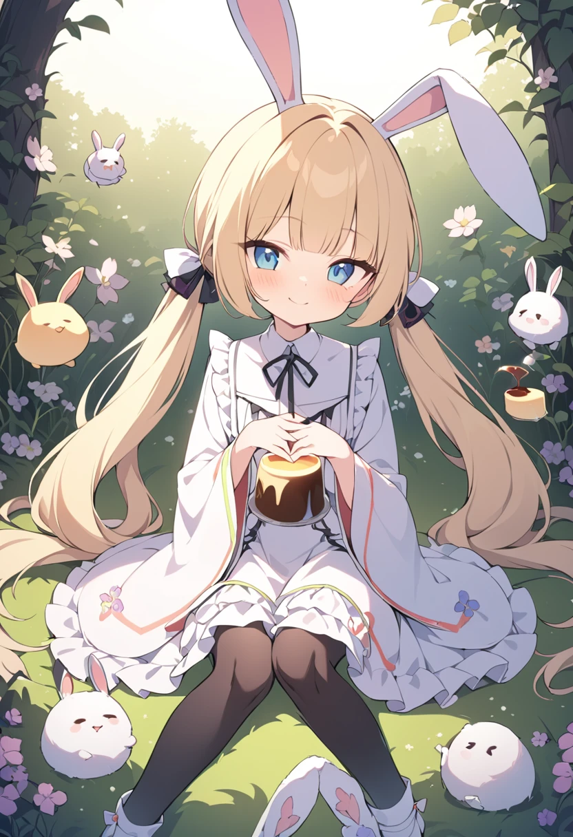 masterpiece, Highest quality, Neon Trim, Purple glow, Warm Theme, Soft Light, nature, (Floral Background:1.2), natureの背景, Soft grassland, Twin tails, Rabbit ears, bangs, Blonde, blue eyes, blunt bangs, Gothic, Frills, race, Wide sleeves, White Dress, pantyhose, shoes, White footwear, One girl, alone, View your viewers, Smiling, Squinting, Holding, Sitting, whole body, Bring your index fingers together, 周囲にLiving things, (Pudding, Living things, Puddingのようなうさぎ, Bigger than a girl, Shaking, cute, Being ridden, It&#39;s a little squashed)