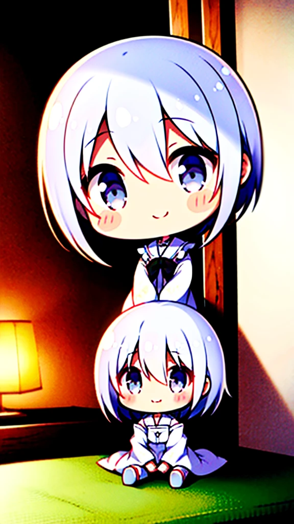 Chinatsu-chan Ghost Girl Baggy white blouse girl white hair Grey Eyes Short Slender figure Smiling Face Sitting outside my bed in my room Pop and cute Solid Color