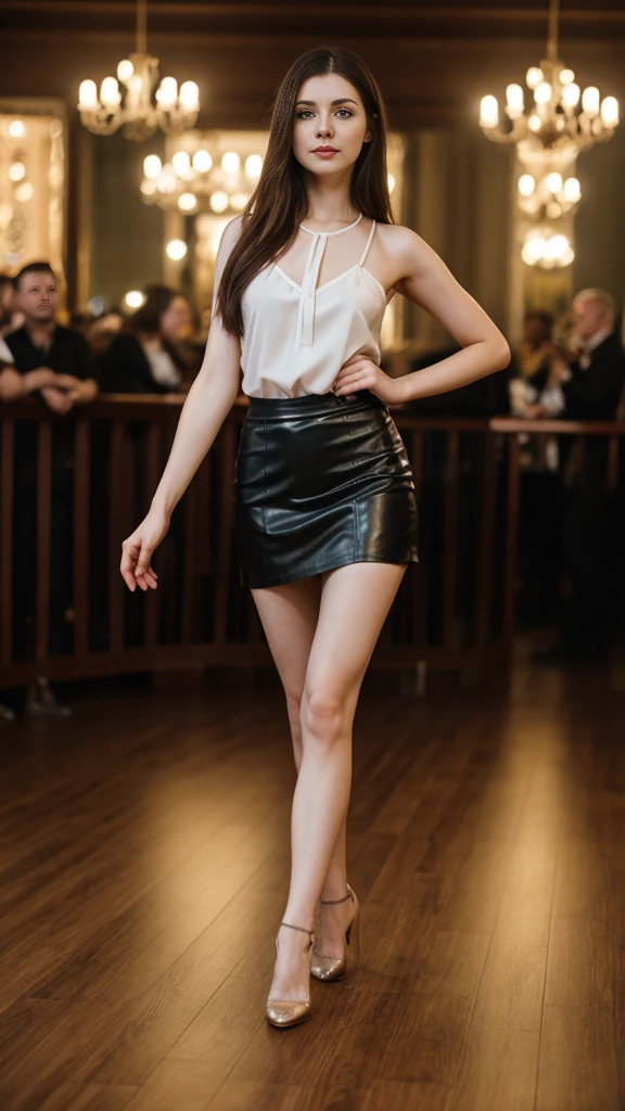 an Ukrainian woman with beautiful Delicate eyes, Beautiful and delicate lips, Extremely detailed face and skin, Pale skin, 23 years old, wearing a leather skirt, high heels, medium long shot, dancing in the dance hall, beautiful lights, sexy figure, long legs, full body portrait. Beautiful photography,Long eyelashes, Good anatomy , Practical skin texture, Delicate eyes, professional, 4K, Wide-angle lens, Optical Depth of Field, Kodak Vision Color, Perfectly proportioned body, Extremely detailed, ultra-photoPractical, Practical, Post-Processing, Maximum details, Roughness, real life, ultra -Practical, Photorealism, photography, 8K Ultra HD, photography