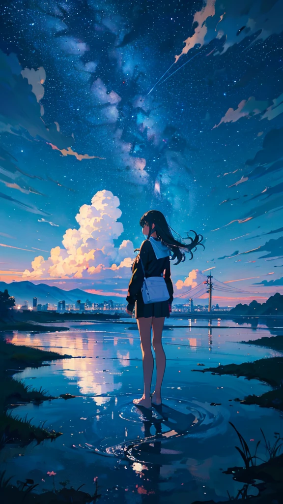 masterpiece, Exquisite detail,Highest quality, One girl, alone, handrail, cloud, Looking up at the buildings,Long Hair, zero, Long sleeve, Power lines, White footwear, Black Hair, View your viewers, Electric pole, bangs, cloudy zero, fish, bird, Green Eyes, Shorts, Day, Black Shirt, barefoot,night,Star,milky way,night,Pitch black,Buildings,standing and looking up at the sky,High quality anime art style,Standing painting,Splash ink background,Blue Themes,Clear Face,Distinct facial features,Fuji Mountain,Fuji Mountain,Vast Nature,Looking at me,View from behind,Shining Star々,milky way,Standing in water,Bright sky,Daytime