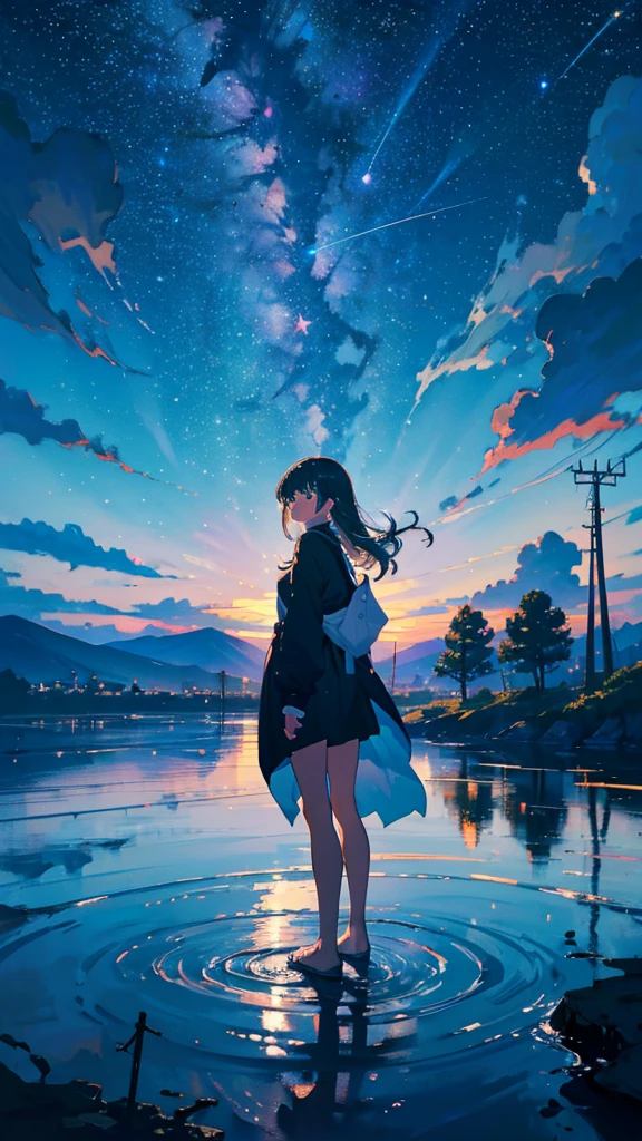 masterpiece, Exquisite detail,Highest quality, One girl, alone, handrail, cloud, Looking up at the buildings,Long Hair, zero, Long sleeve, Power lines, White footwear, Black Hair, View your viewers, Electric pole, bangs, cloudy zero, fish, bird, Green Eyes, Shorts, Day, Black Shirt, barefoot,night,Star,milky way,night,Pitch black,Buildings,standing and looking up at the sky,High quality anime art style,Standing painting,Splash ink background,Blue Themes,Clear Face,Distinct facial features,Fuji Mountain,Fuji Mountain,Vast Nature,Looking at me,View from behind,Shining Star々,milky way,Standing in water,Bright sky,Daytime
