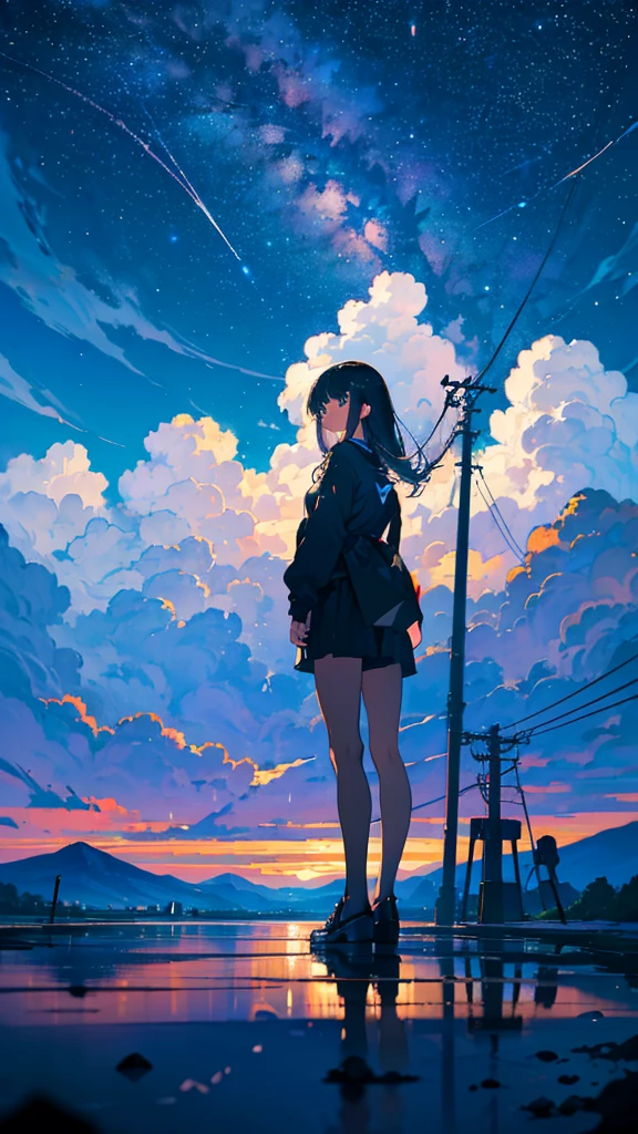 masterpiece, Exquisite detail,Highest quality, One girl, alone, handrail, cloud, Looking up at the buildings,Long Hair, zero, Long sleeve, Power lines, White footwear, Black Hair, View your viewers, Electric pole, bangs, cloudy zero, fish, bird, Green Eyes, Shorts, Day, Black Shirt, barefoot,night,Star,milky way,night,Pitch black,Buildings,standing and looking up at the sky,High quality anime art style,Standing painting,Splash ink background,Blue Themes,Clear Face,Distinct facial features,Fuji Mountain,Fuji Mountain,Vast Nature,Looking at me,View from behind,Shining Star々,milky way,Standing in water,Bright sky,Daytime