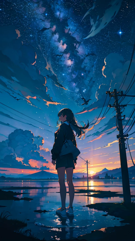 masterpiece, Exquisite detail,Highest quality, One girl, alone, handrail, cloud, Looking up at the buildings,Long Hair, zero, Long sleeve, Power lines, White footwear, Black Hair, View your viewers, Electric pole, bangs, cloudy zero, fish, bird, Green Eyes, Shorts, Day, Black Shirt, barefoot,night,Star,milky way,night,Pitch black,Buildings,standing and looking up at the sky,High quality anime art style，Standing painting，Splash ink background,Blue Themes,Clear Face,Distinct facial features,Fuji Mountain,Fuji Mountain,Vast Nature,Looking at me,View from behind,Shining Star々,milky way,Standing in water,Bright sky,Daytime