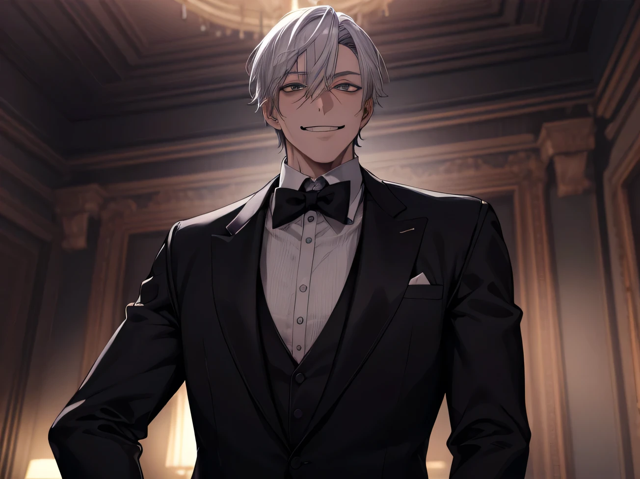 (Dark Room)、Night atmosphere,Dynamic Angle,masterpiece,Face close-up,Angle from below,male, 40 years old,(male1 person)、alone,Adult,Sharp Eye,Evil ,Gray Hair,,Kakiage,Nice black tuxedo,Wear gloves, Horny,smile,night,Mansion rooms