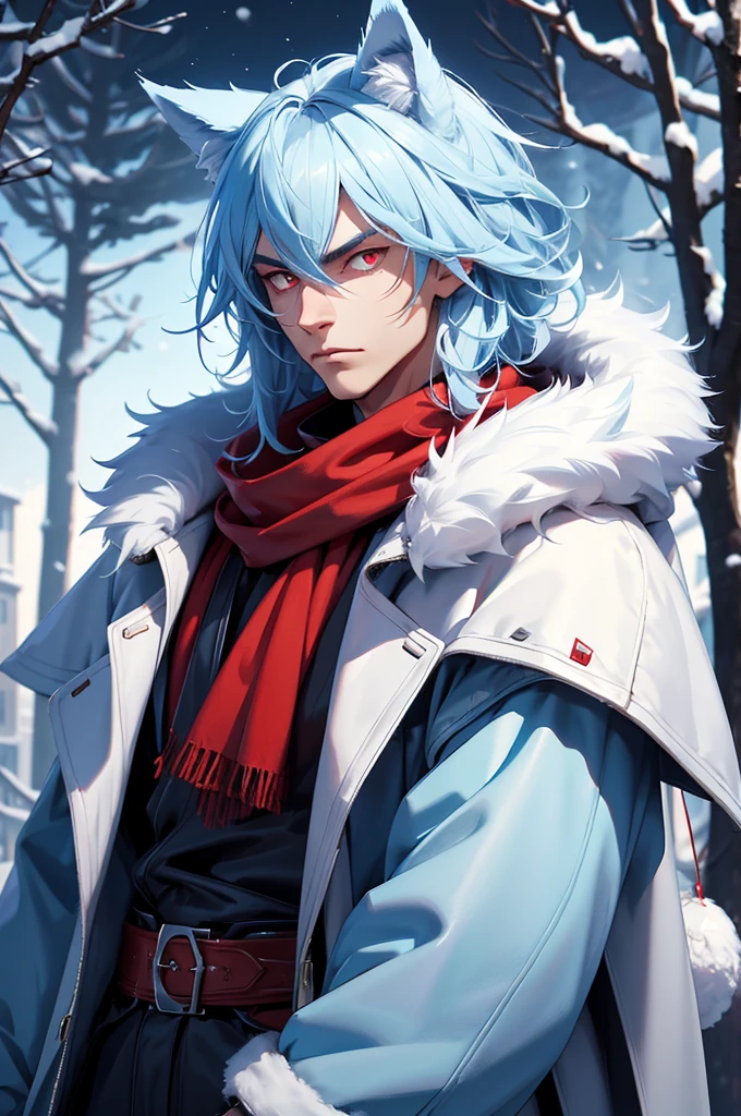 Tall man, wolf ears, Fur coat, winter background, Buff, Stern look, light blue hair, red eyes