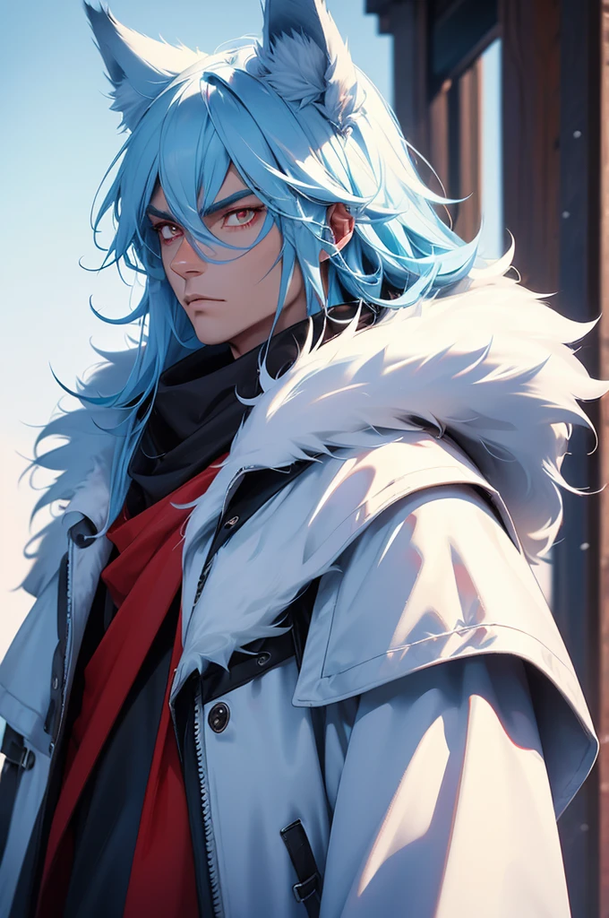 Tall man, wolf ears, Fur coat, winter background, Buff, Stern look, light blue hair, red eyes