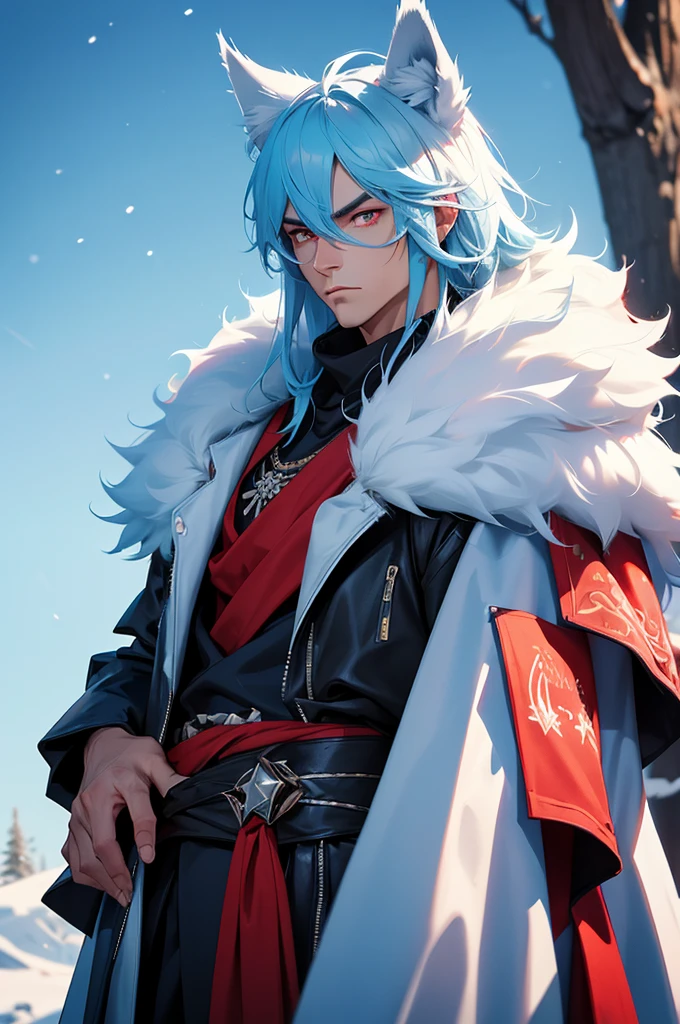 Tall man, wolf ears, Fur coat, winter background, Buff, Stern look, light blue hair, red eyes