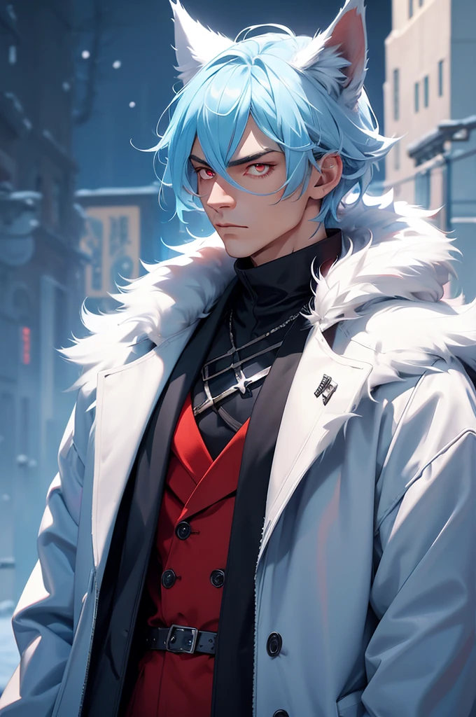 Tall man, wolf ears, Fur coat, winter background, Buff, Stern look, light blue hair, red eyes