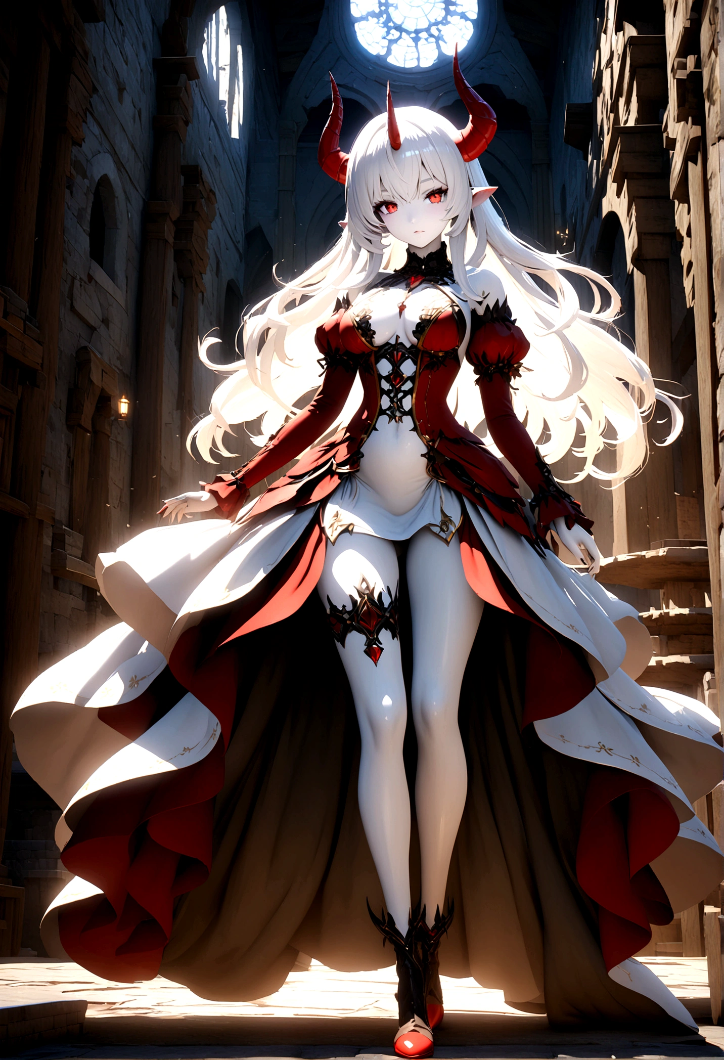 create a anime girl devil with horns, long white hair, red eyes, pale white skin, red and white uniform, full body, unreal engine, global illumination, detailed and complex environments
Full growth 18+