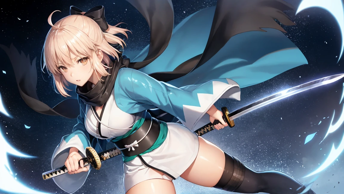 (Highly detailed CG), (Highest quality), Perfect Face, Shiny skin, Shiny skin,Wide Hips, One girl,alone ,Holding a large Japanese sword、Dynamic action poses, Stand in the center of the screen、okitasouji,Arm guard,Wide sleeves,Toeless legwear,bangs,heart, white kimono, Shinsengumi, Black thighs, Yellow Eyes,Knee socks , short kimono, Haori, black bow, black scarf, short hair, Ahoge, scarf, Blonde, hairbow,bow, kimono,kimono,