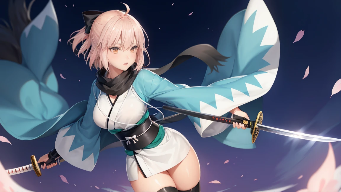 (Highly detailed CG), (Highest quality), Perfect Face, Shiny skin, Shiny skin,Wide Hips, One girl,alone ,Holding a large Japanese sword、Dynamic action poses, Stand in the center of the screen、okitasouji,Arm guard,Wide sleeves,Toeless legwear,bangs,heart, white kimono, Shinsengumi, Black thighs, Yellow Eyes,Knee socks , short kimono, Haori, black bow, black scarf, short hair, Ahoge, scarf, Blonde, hairbow,bow, kimono,kimono,