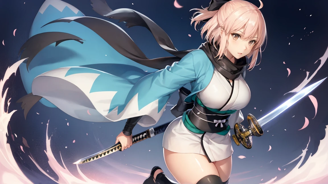 (Highly detailed CG), (Highest quality), Perfect Face, Shiny skin, Shiny skin,Wide Hips, One girl,alone ,Holding a large Japanese sword、Dynamic action poses, Stand in the center of the screen、okitasouji,Arm guard,Wide sleeves,Toeless legwear,bangs,heart, white kimono, Shinsengumi, Black thighs, Yellow Eyes,Knee socks , short kimono, Haori, black bow, black scarf, short hair, Ahoge, scarf, Blonde, hairbow,bow, kimono,kimono,