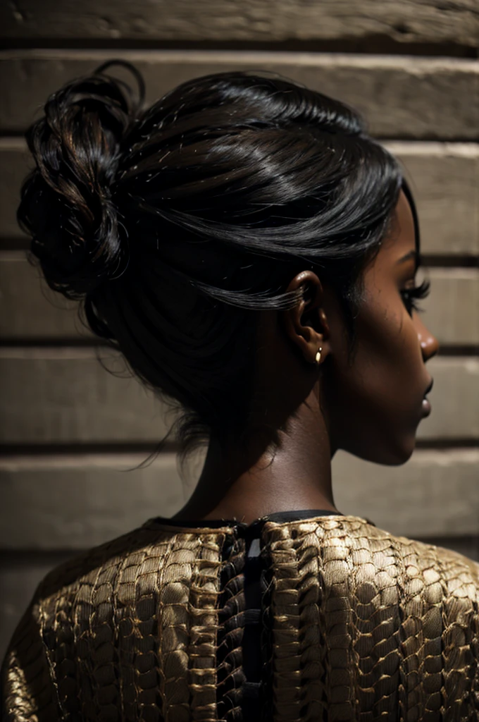 cute, Dark skin, teenager, beautiful face, deep ebony, showing breasts, ((photo shot from behind view)), ((looking at viewer)), SFW