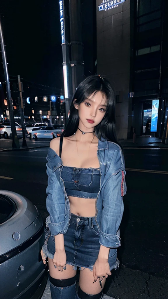 City at night，A woman with a perfect figure wearing a blue denim bomber jacket，Black tube top，Blue denim miniskirt，Black high heels，Close-up shot of posing，Full body close-up，Highly detailed face and skin textures，beautiful legs，Long legs，Detailed eyes，Double eyelids，Full body close-up