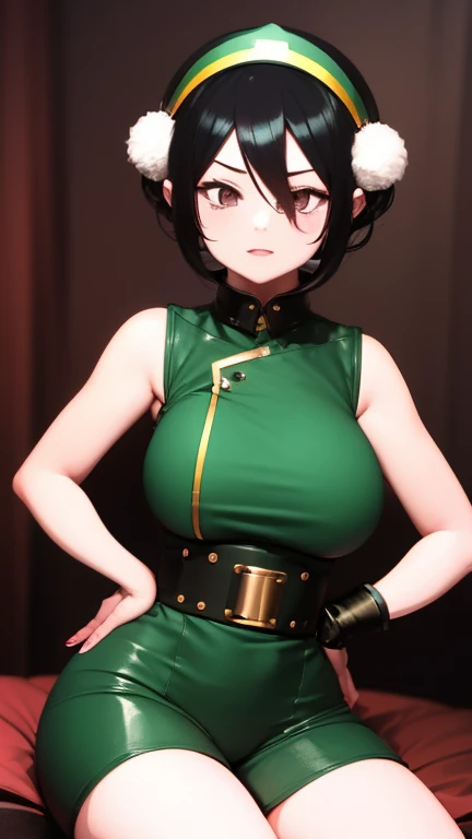 Toph has large breasts showing and she is wearing lola costume 