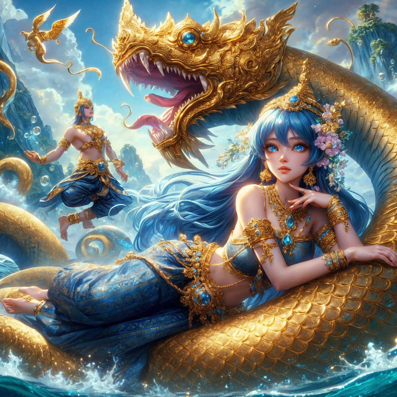 Blue eyes, ornate gold jewelry. , god god , ,realistically ,Fine golden background. 3-D anime.