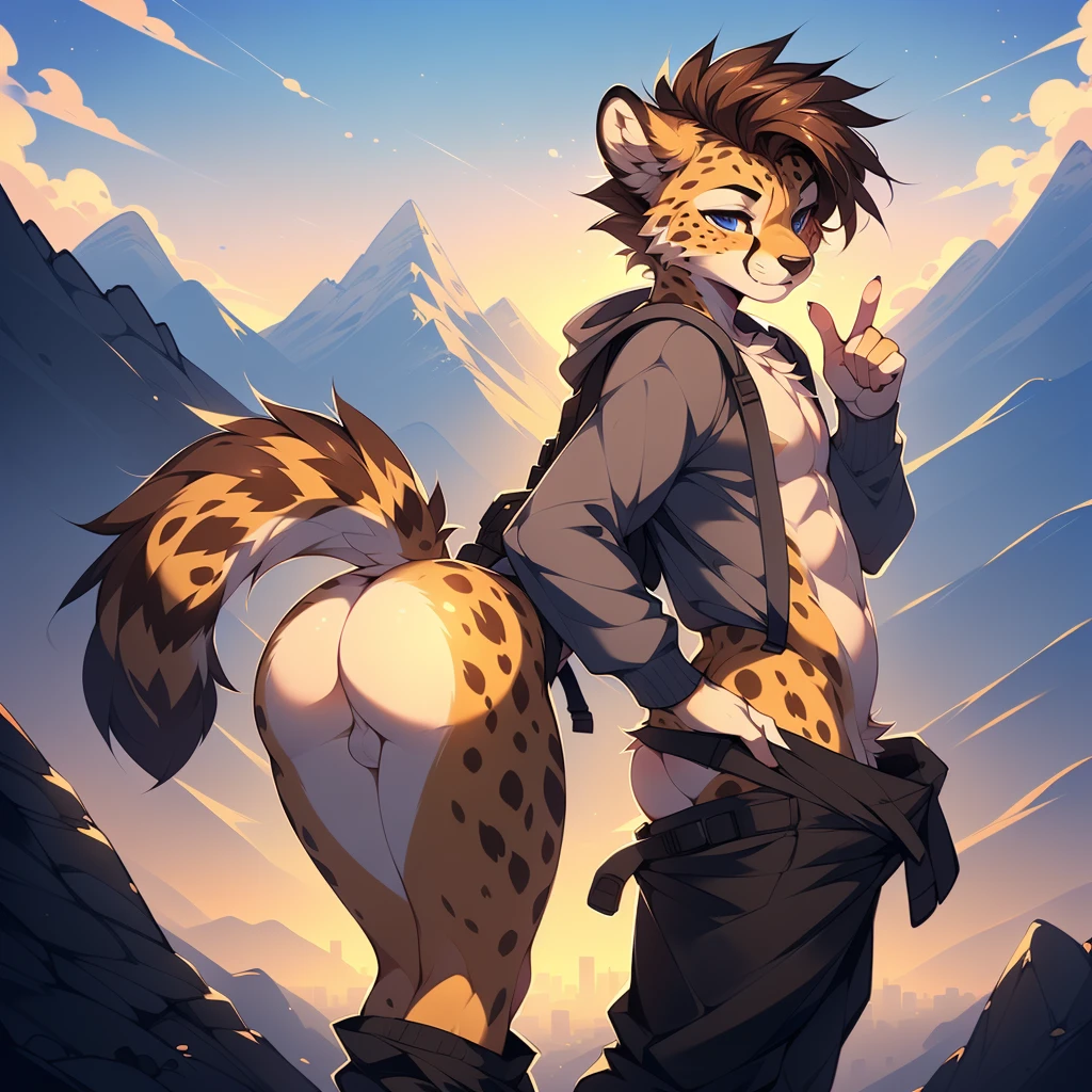 ((nsfw)), A cute anthro, male, (cute snout:1.2) full body, ((by hyattlen, by fumiko, ((by zackary, by fumiko)), solo, anthro, male cheetah, yellow fur body with brown spots all over body, ((brown ears)), (( brown short hair with fauxhawk)), detailed eyes, light baby blue eyes, white neck, white chest, white forearms, soft and warm chest, intimidating pose, pudica pose gesture, curvy thighs, thick thighs, great anatomy, plump ass, tight asshole, balls, genitals, erected, standing, facing away from viewer, suggestive pose, full body,mountain hiking trail background, city in the background, evening sky, sky details, background details, alone, hiking backpack, grey sweater, undressing pants, undressing show, lustful face, winking, half closed eyes, bent over, Turn your butt,undressing show