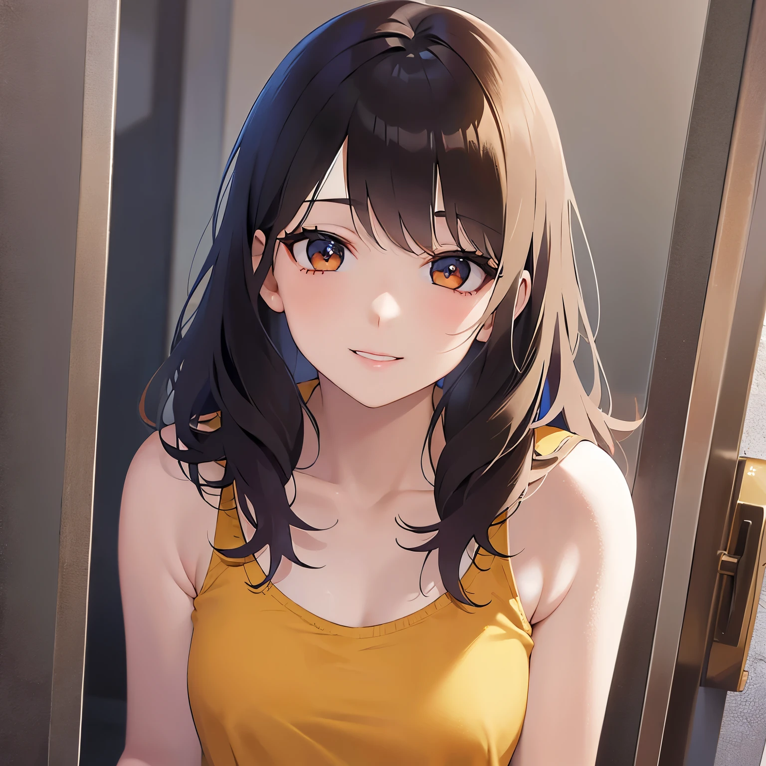 (looking to the side:1.5),leaning forward 、Shooting from the front、upper body,Realistic, real person, (pale skin: 1.2), RAW photo, photorealistic, shiny skin, shiny hair、 (A 25-year-old woman with medium-length hair and bangs) and (wavy hair) and (brown hair) and (Orange Eyes), smile、The background is the washroom,(yellow tank top)、opening the door